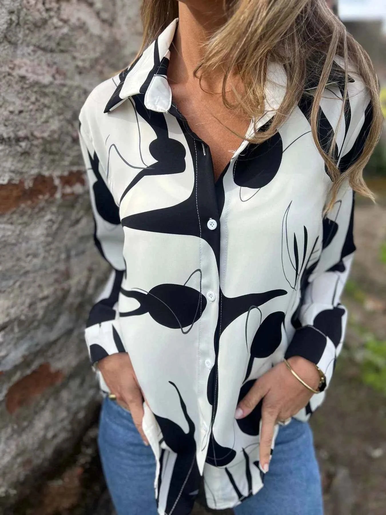 Full Size Abstract Print Long Sleeve Button-Up Shirt Plus Size