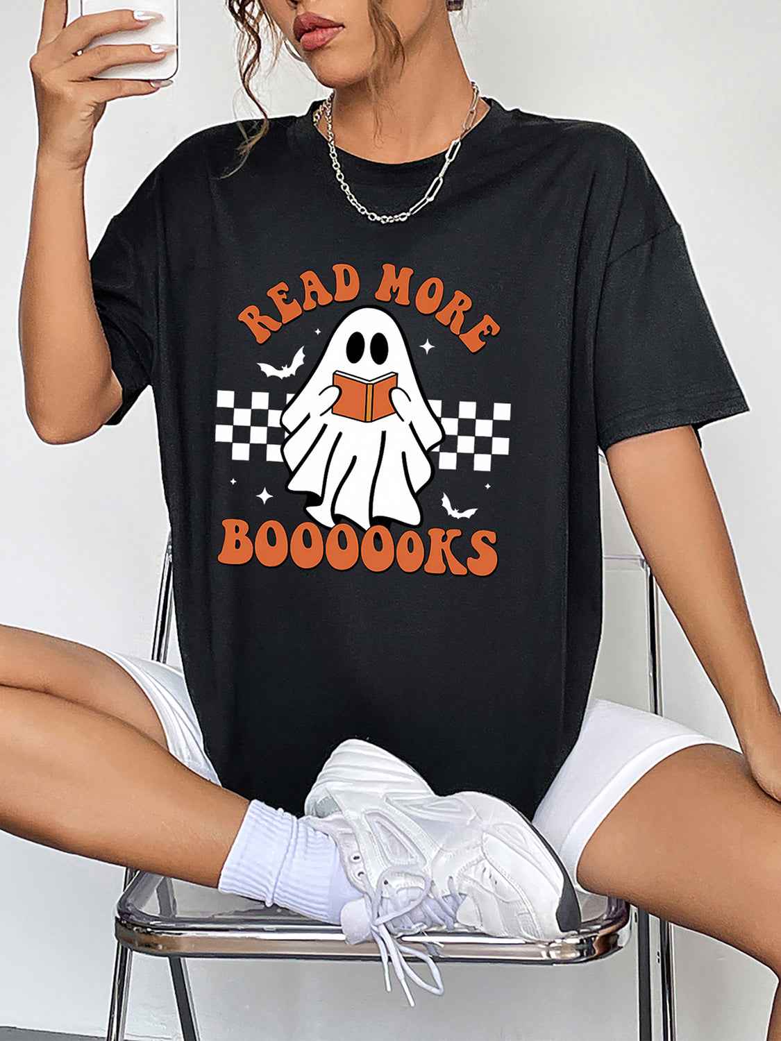 Round Neck Short Sleeve Ghost Graphic T-Shirt Black c6dcc8edb42146498327d76a52079054-Max