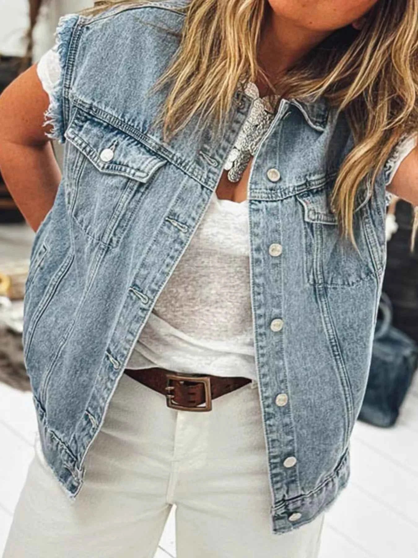 Button Flap Pocket Frayed Detail Denim Vest c6deeb00f28e443a868fbfed4f645642-Max-Origin