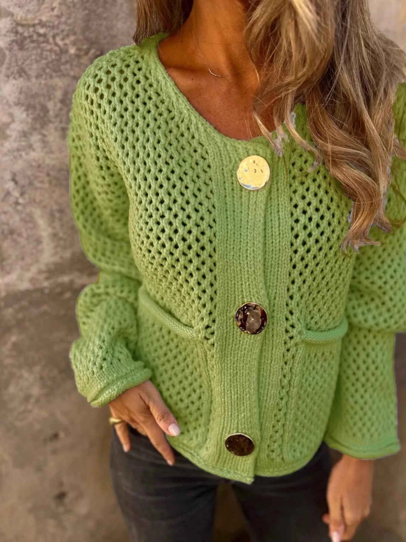 Crochet Button Up Long Sleeve Cardigan Green c6e3b676a6aa4fb491fd79eedb1d04a5-Max-Origin