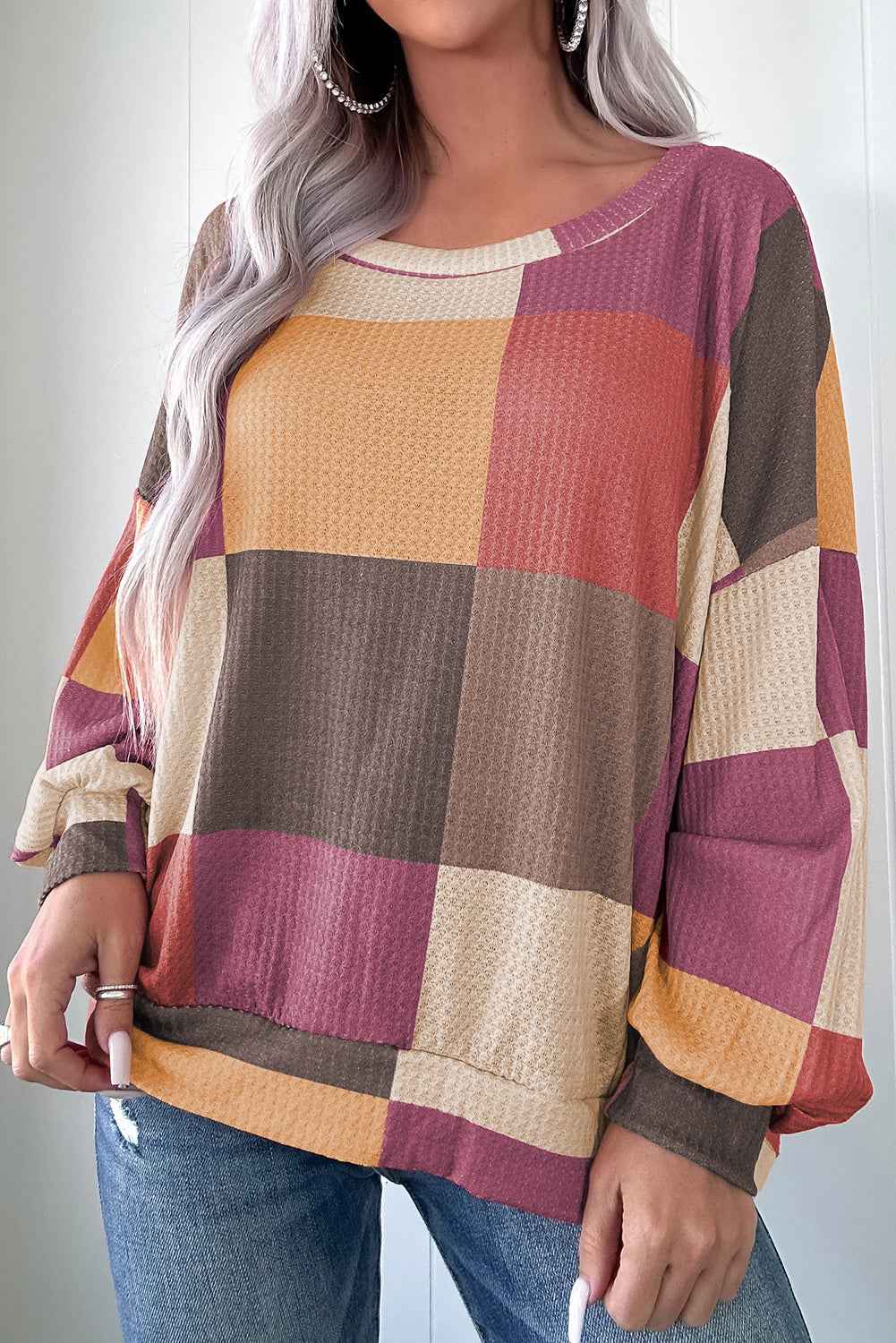 Green Checkered Print Textured Knit Long Sleeve Loose Top Rose Red 92%Polyester+8%Elastane c6e98a67ef8aa542