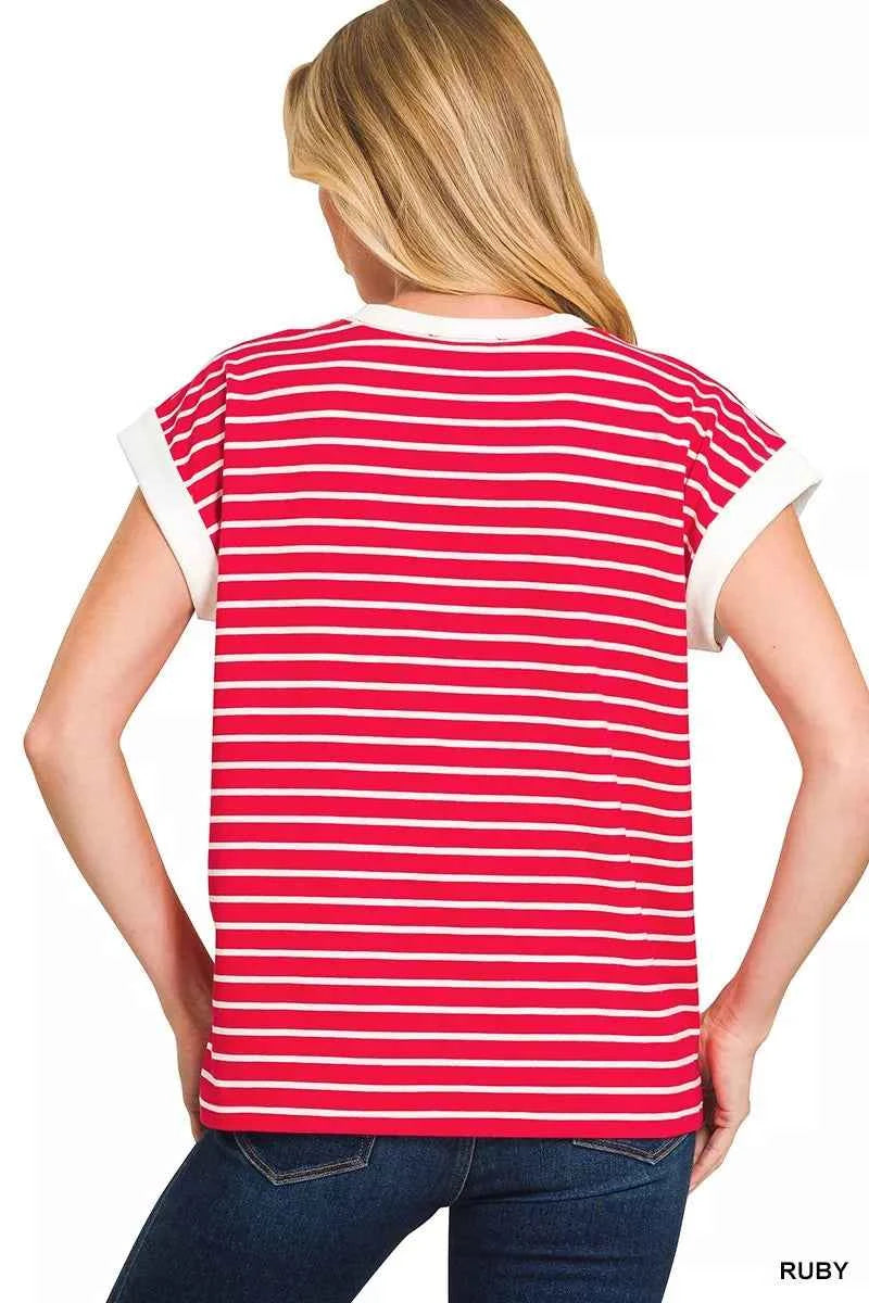 Zenana Full Size Contrast Trim Cap Sleeve Stripe Tee Plus Size c6eb5cce131349cab1a8ab8b960f6446-Max-Origin