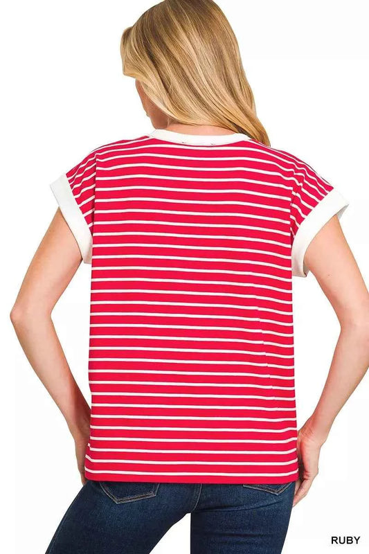 Full Size Contrast Trim Cap Sleeve Stripe Tee Plus Size c6eb5cce131349cab1a8ab8b960f6446-Max-Origin