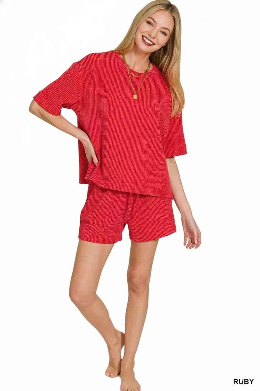 Zenana Raised Rib Short Sleeve Tee and Drawstring Shorts Set c6eca766-2e2f-4736-a7e2-9e71eb7009a0-Max-Origin