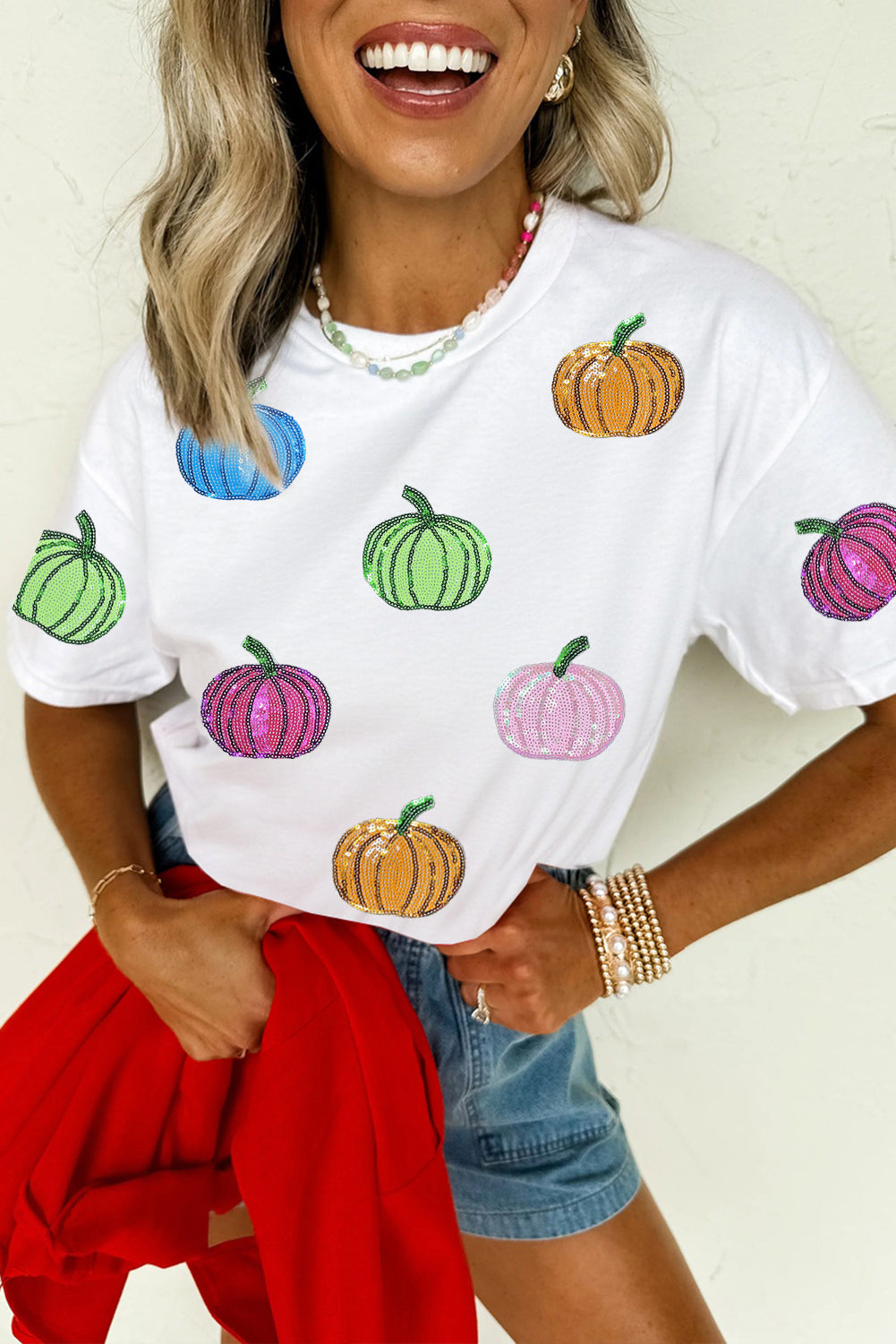 White Sequin Pumpkin Patched Cotton Blend T Shirt c6ed4c0d179a440e