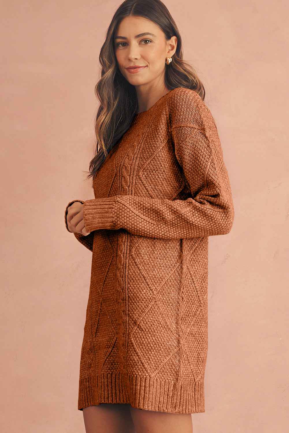 Oatmeal Cable Knit Drop Shoulder Loose Fit Sweater Dress c6f8669c0d7529af