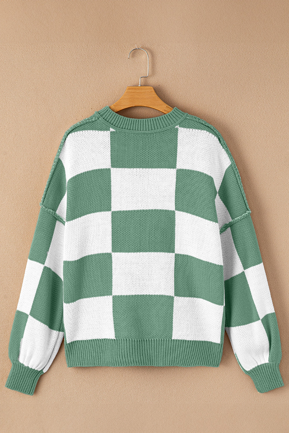 Orange & White Plaid Exposed Seam Bishop Sleeve Sweater c6fcb6d23b323d9b