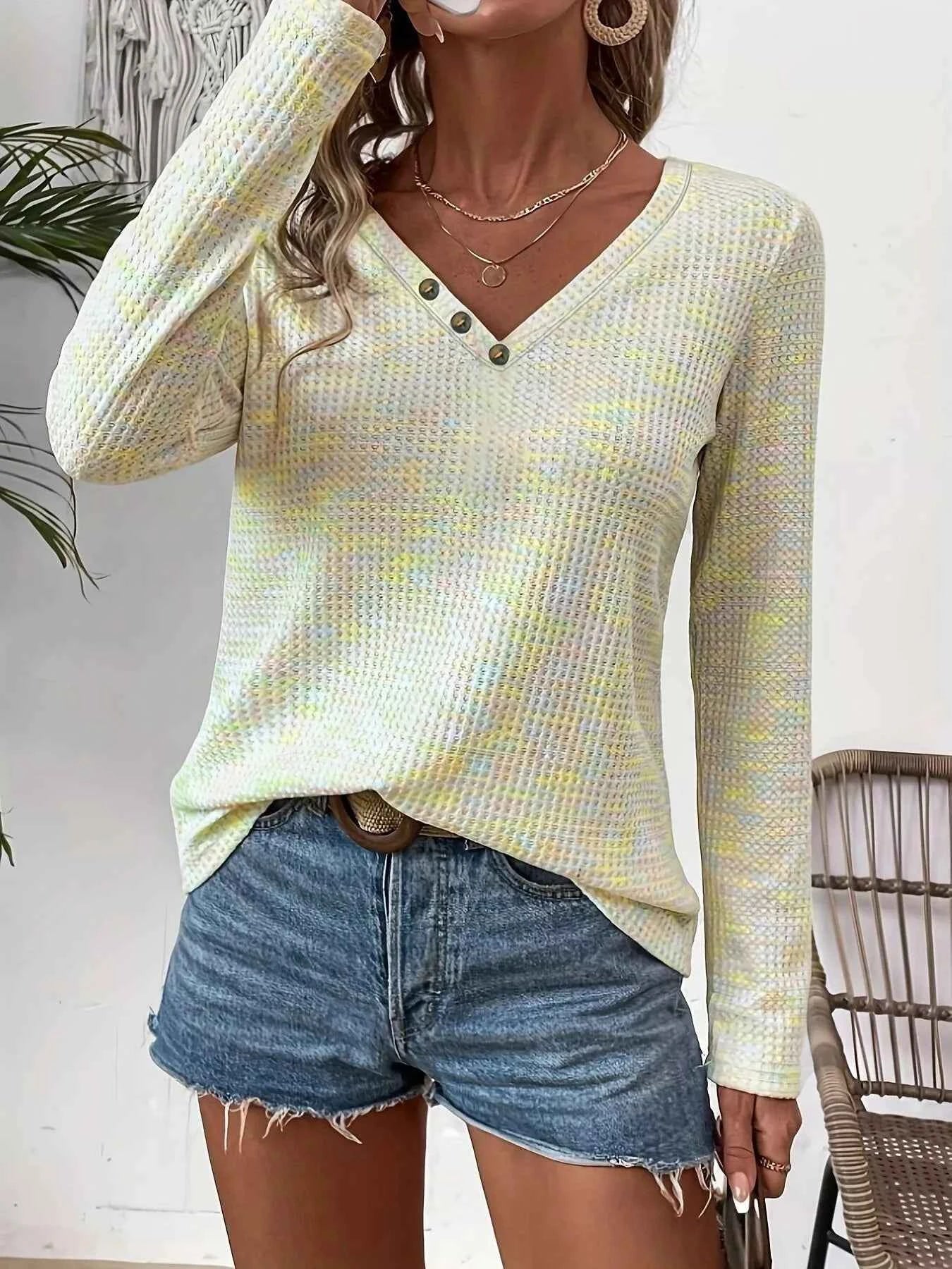 Decor Button V-Neck Long Sleeve Top Light Yellow c701abef-61a5-4dc1-a6e8-35b01cb31e49-Max-Origin