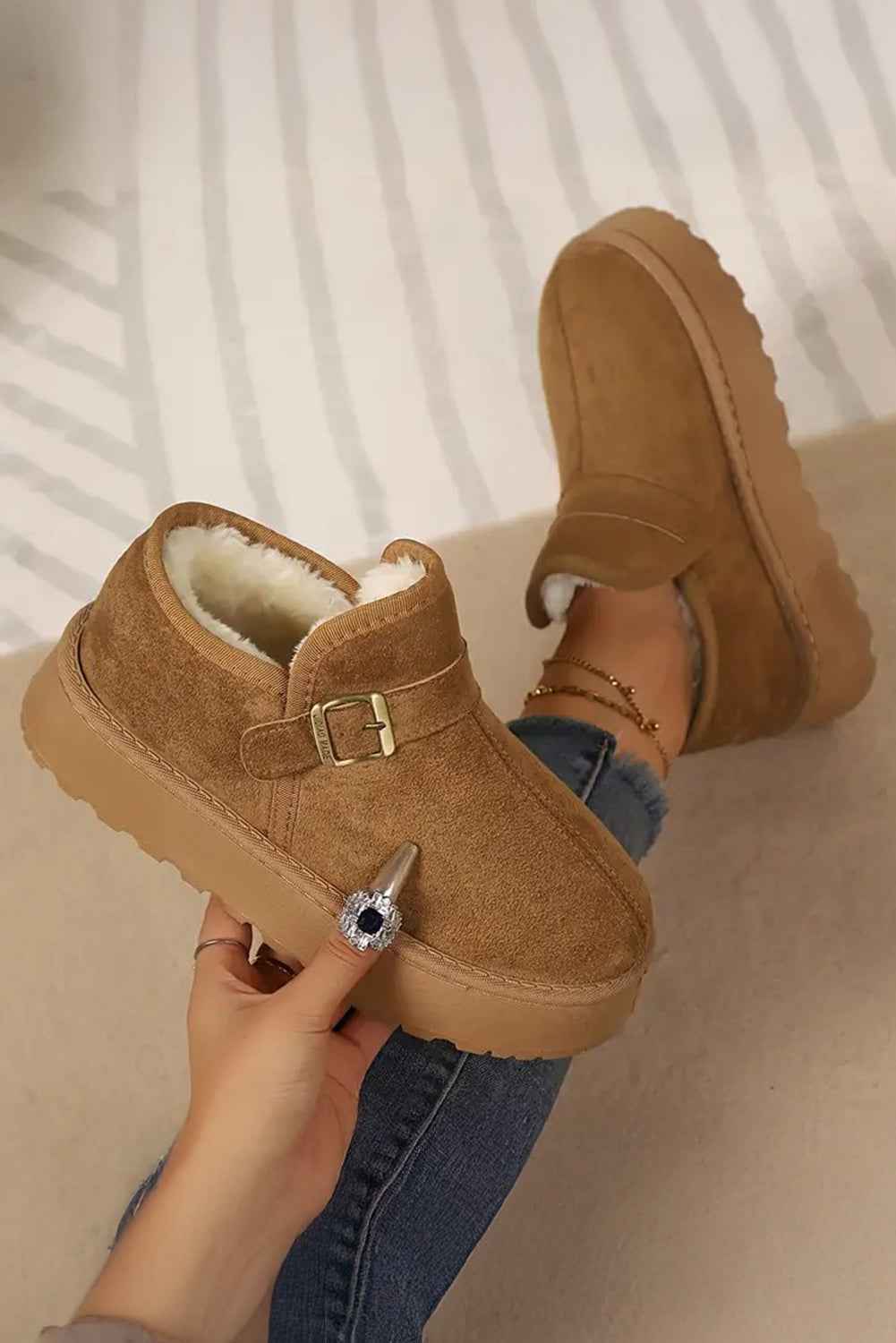Coffee Buckle Detail Round Toe Platform Cozy Winter Boots c702543ea6d3125f