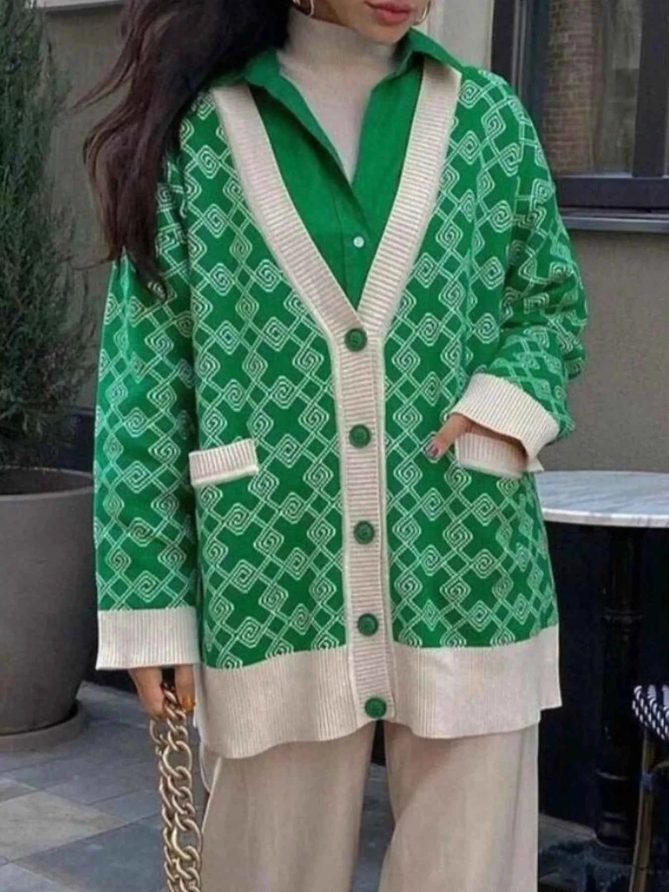 Geometric Pattern Button-Down Cardigan Green rice White c704ff0f-0a2f-458a-bff5-e6997bb728b6-Max-Origin