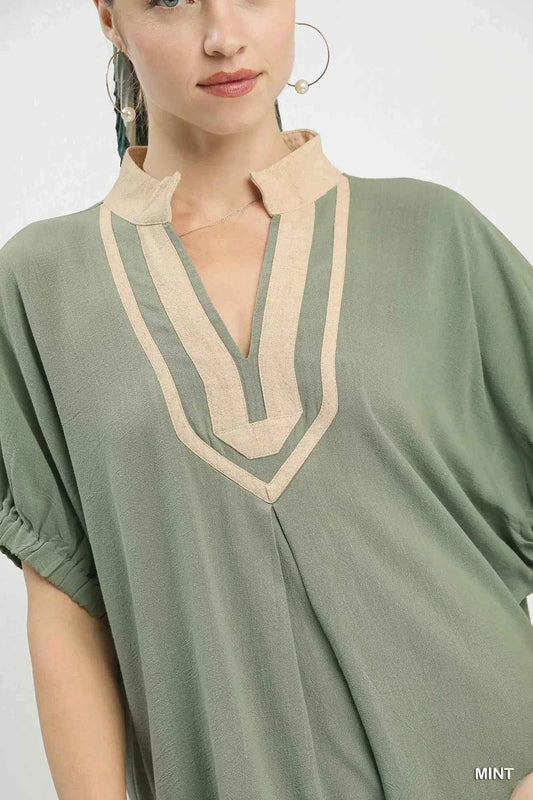 Linen Contrast Trim V-Neck Blouse c70d1827-c11c-4f05-aa66-f1a066b57650-Max-Origin