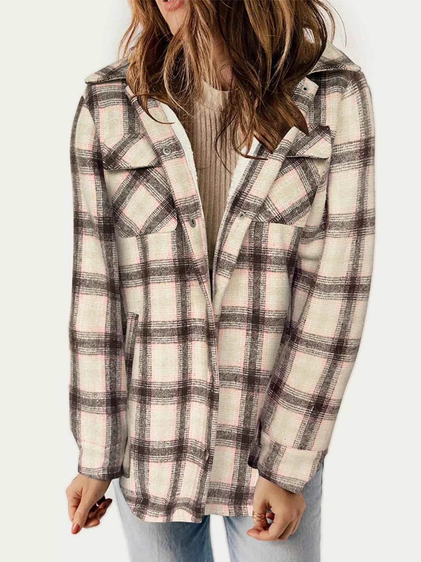 Oversized Plaid Long Sleeve Fleece Jacket Pink c70d98b498864d3cae894a168829c83d-Max-Origin