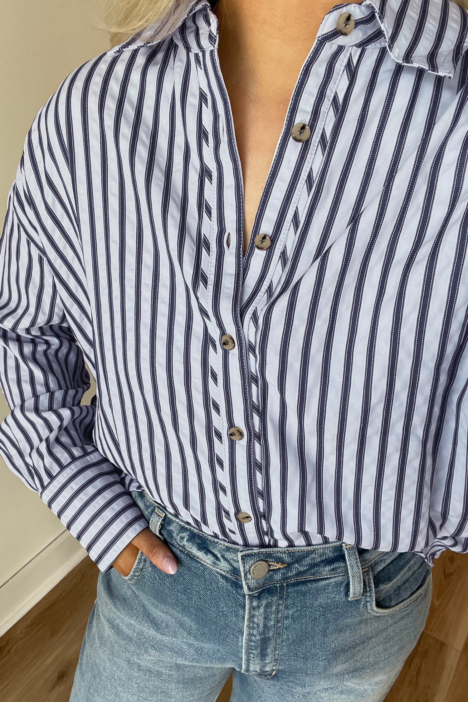 Blue Stripe Button Down Long Sleeve Loose Shirt c70e642054162a7e