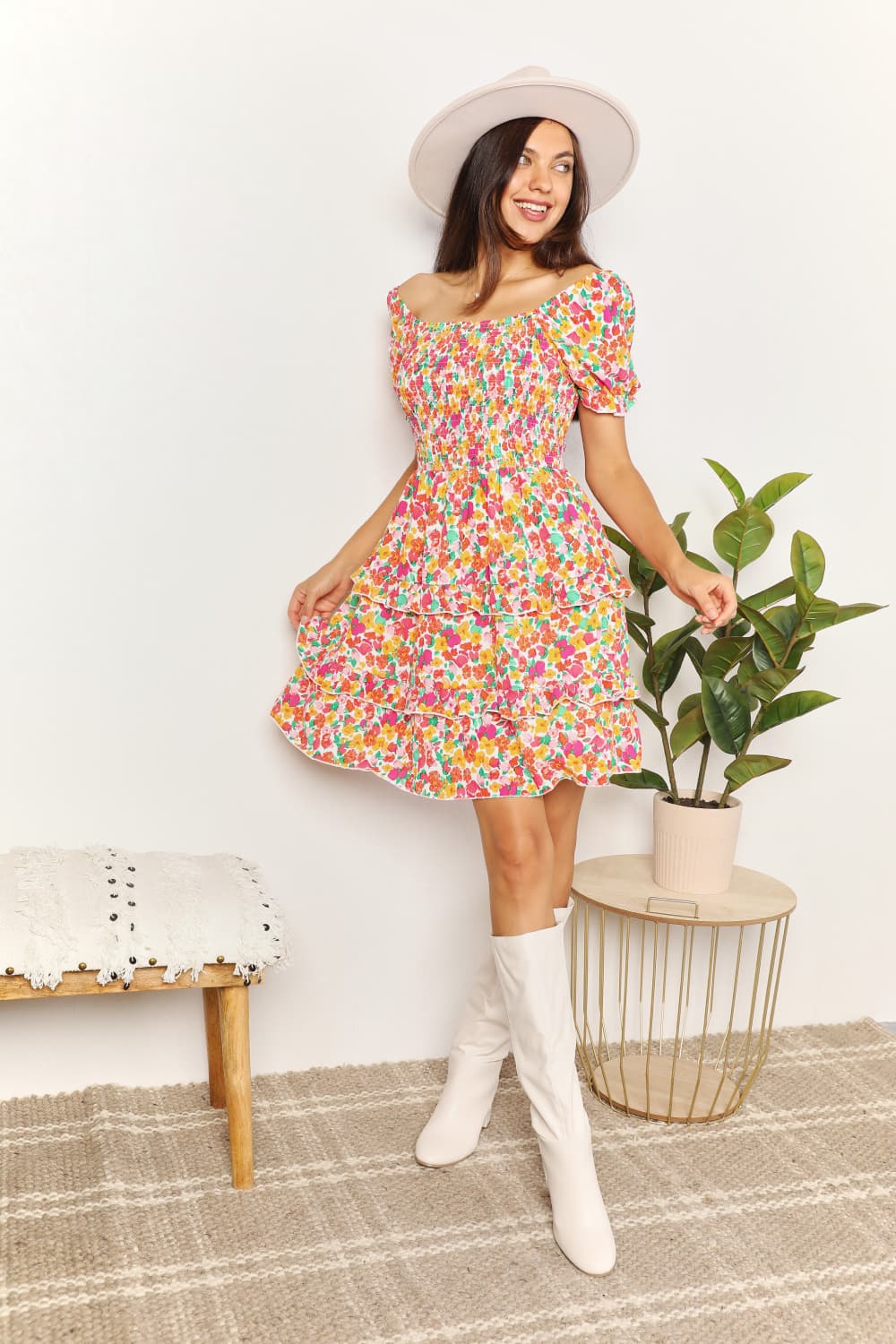 Devine Smocked Sweetheart Neck Flounce Sleeve Mini Dress c71353d80e5c415eba512e6777d3c2bf-Max