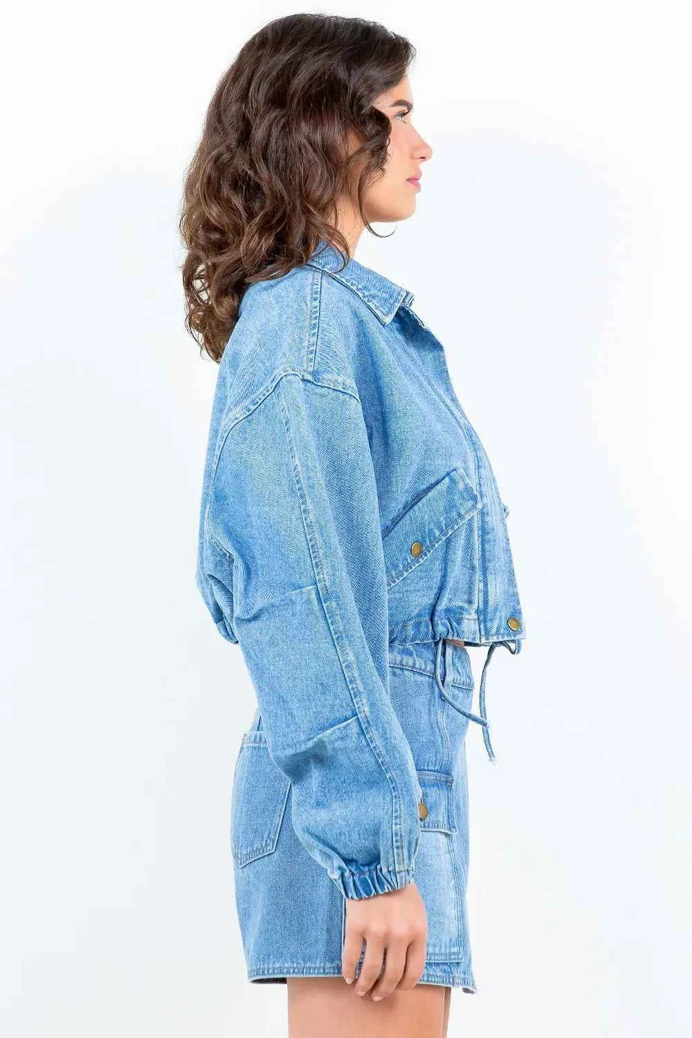 American Bazi Drawstring Waist Crop Denim Jacket c7194c5a-a3f3-4d3d-9740-5017ac0ff694-Max