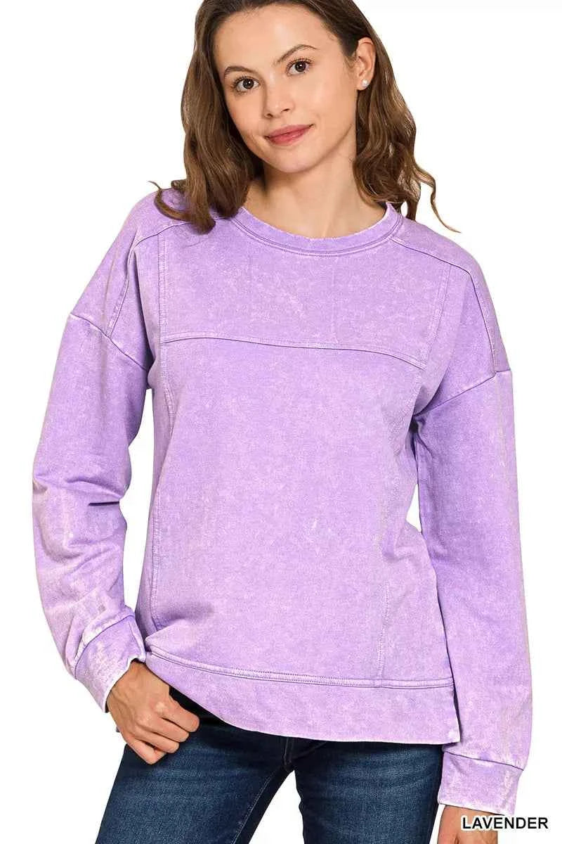 Zenana Acid Wash French Terry Exposed-Seam Pullover LAVENDER c7231945a6074eac9b38309e224a440a-Max-Origin