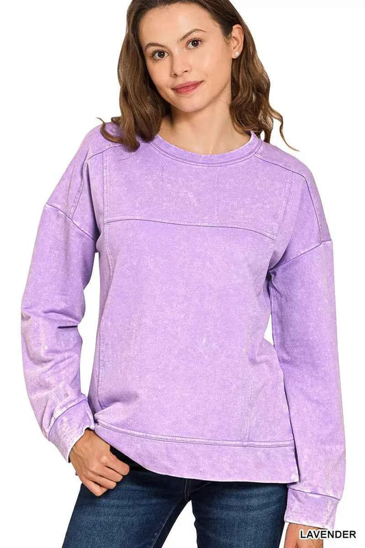 Acid Wash French Terry Exposed-Seam Pullover LAVENDER c7231945a6074eac9b38309e224a440a-Max-Origin