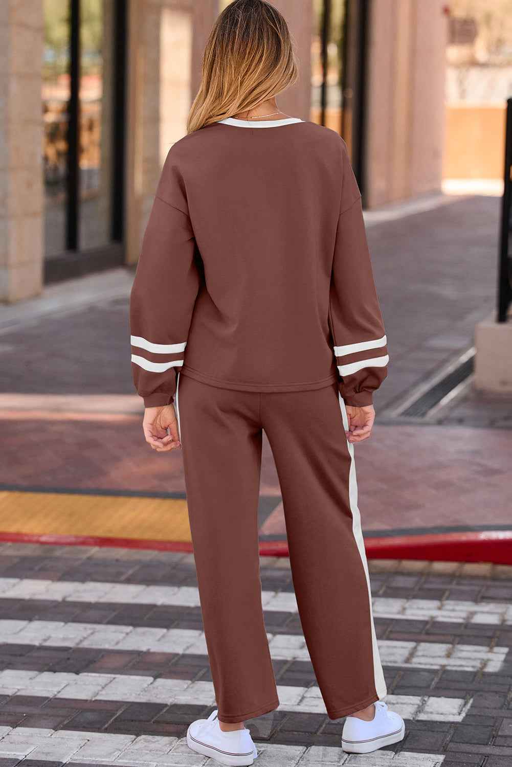 Mineral Red Varsity Stripe Patchwork Puff Sleeve Pullover Drawstring Wide Leg Pant Set c72a4a43882e1b7e