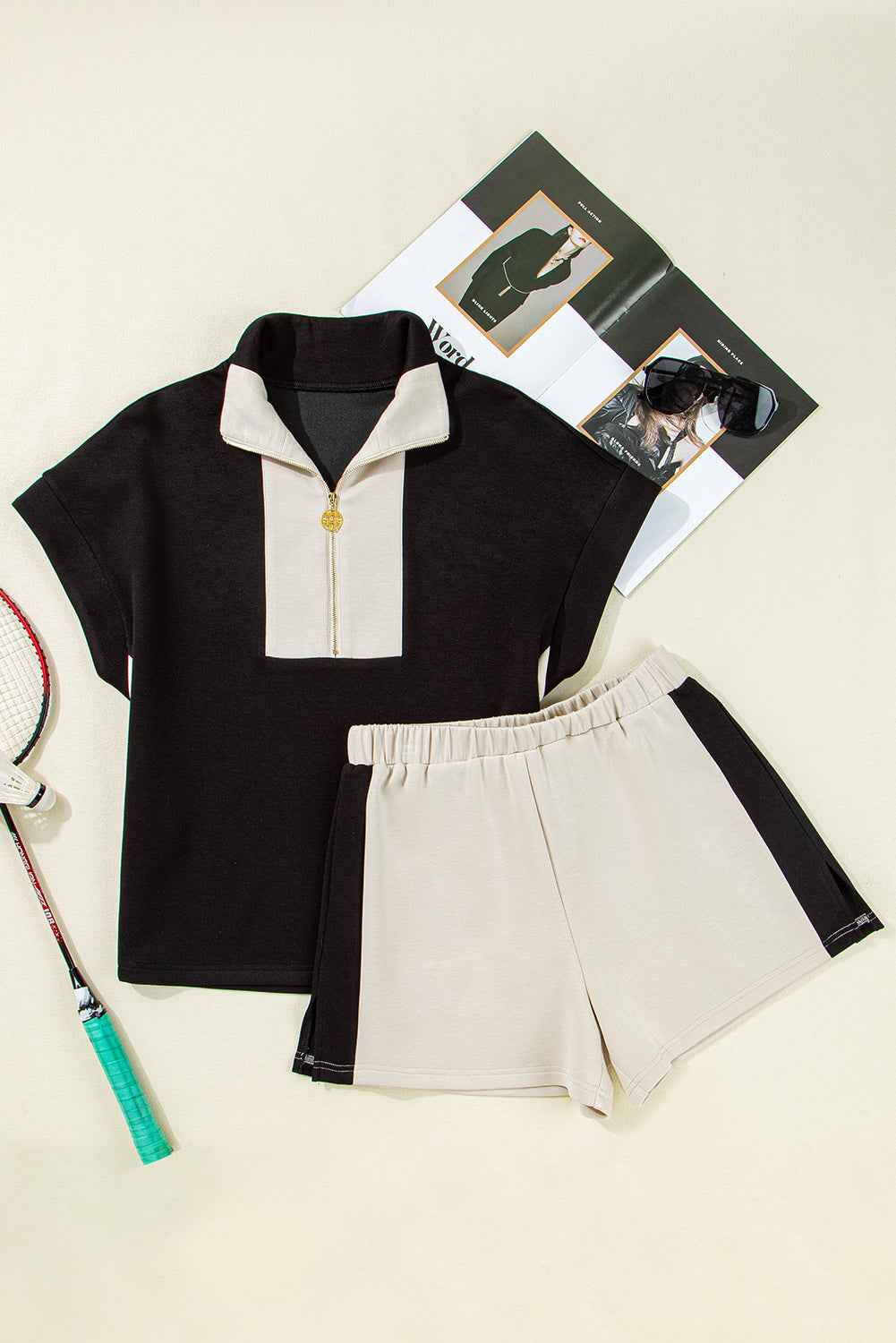 Black Colorblock Zipper Collar T Shirt and Shorts Set c72fb7afca79def6
