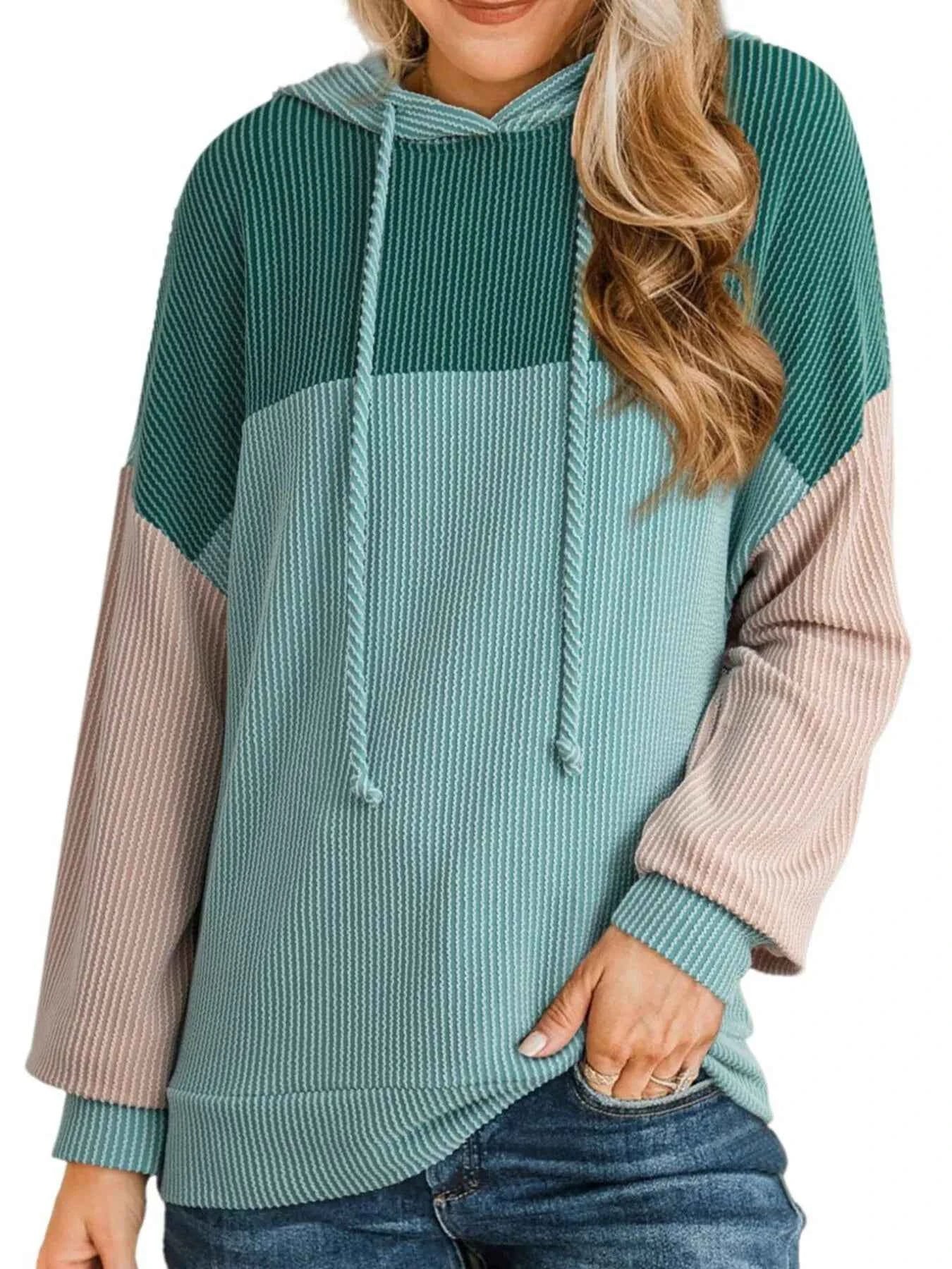 Drawstring Color Block Long Sleeve Hoodie Green c72fc50059324f029b771eb17bde5bdb-Max-Origin