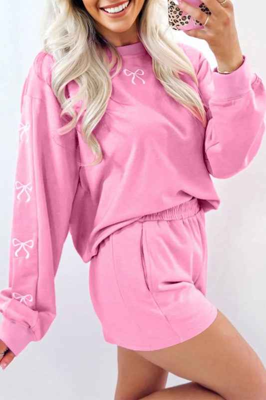 Bow Embroidered Pullover and Shorts Set Sachet Pink c7352bce-96e4-4173-9538-2d0e82f8171c