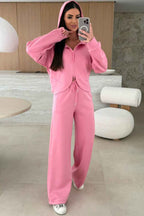 Pink Solid Color Zip Up Hoodie Drawstring Loose Pants Set c7388bfc55f511ad
