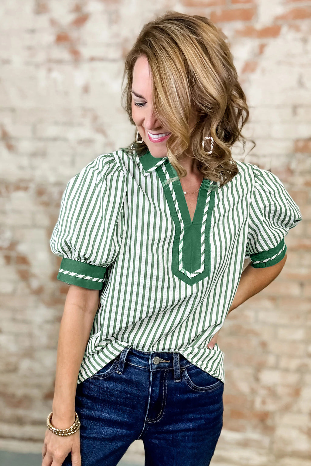 Khaki Stripe Collared Split Neck Short Bubble Sleeve Blouse c73d6efa3a44e3ce