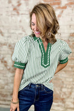 Khaki Stripe Collared Split Neck Short Bubble Sleeve Blouse c73d6efa3a44e3ce