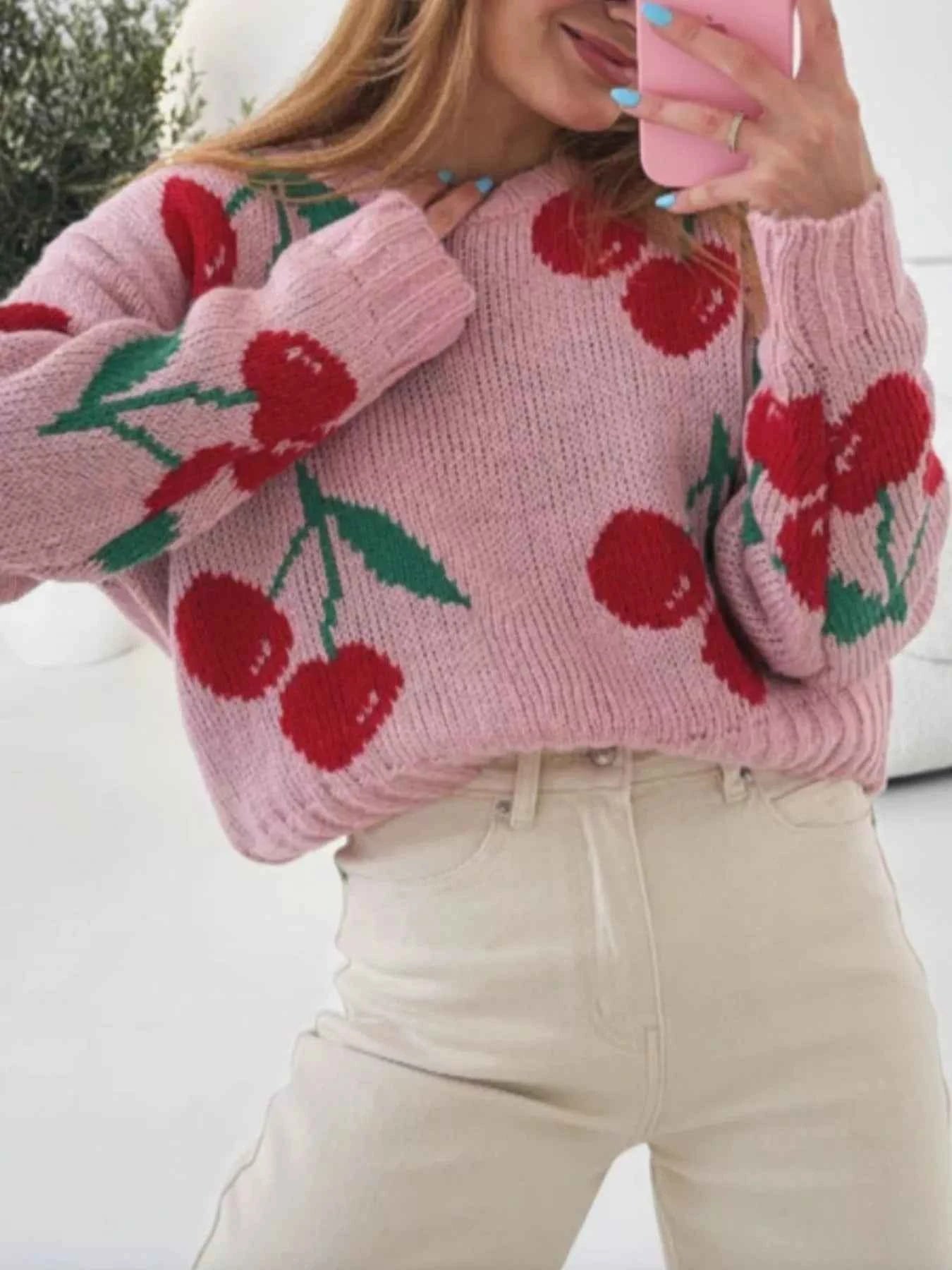 Cherry Pattern Long Sleeve Sweater c741c65d-caac-4fc5-9a1d-977297ddae20-Max-Origin