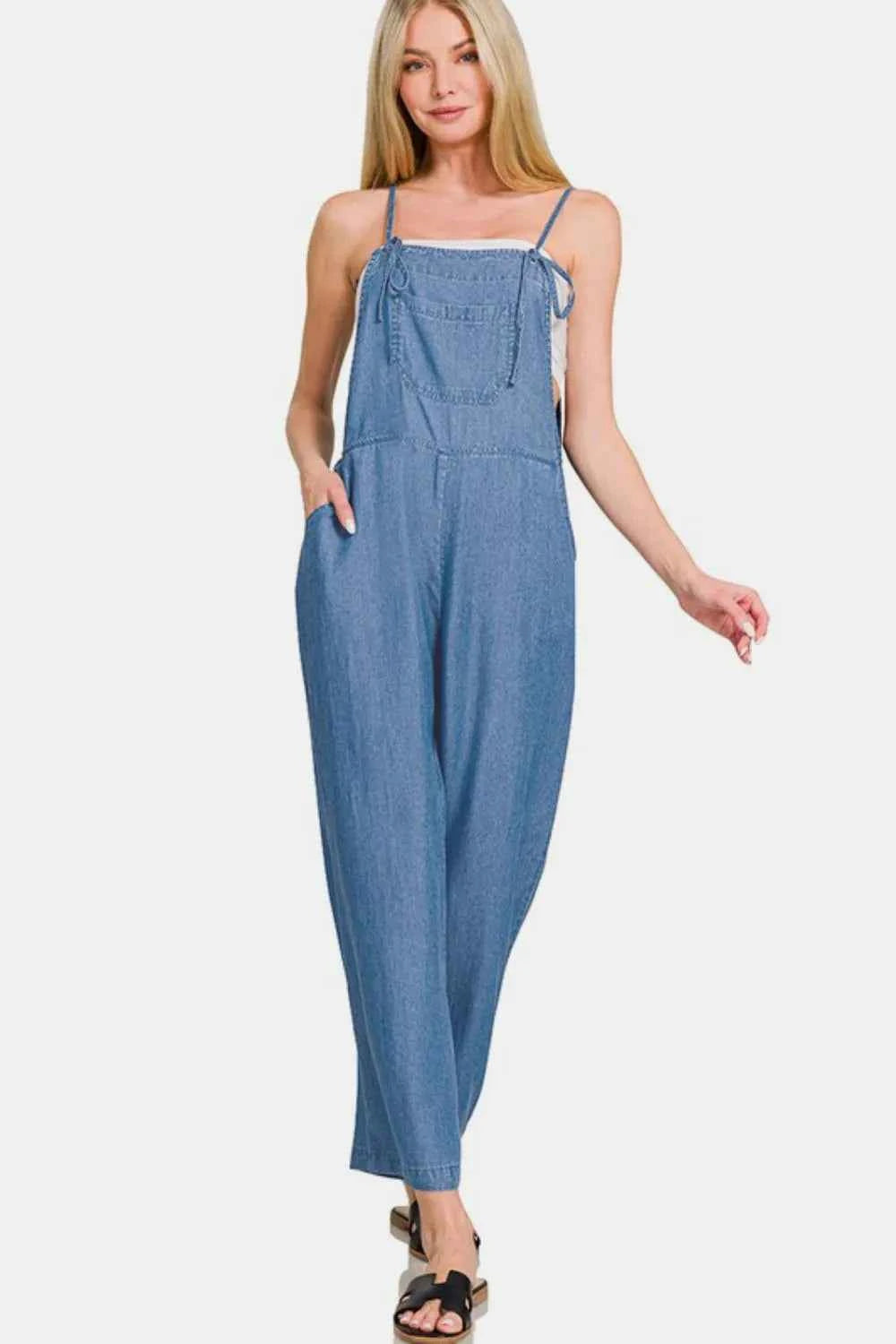 Zenana Washed Adjustable Strap Wide Leg Denim Overalls c7453e54-190b-4c21-91da-dc084522238b-Max