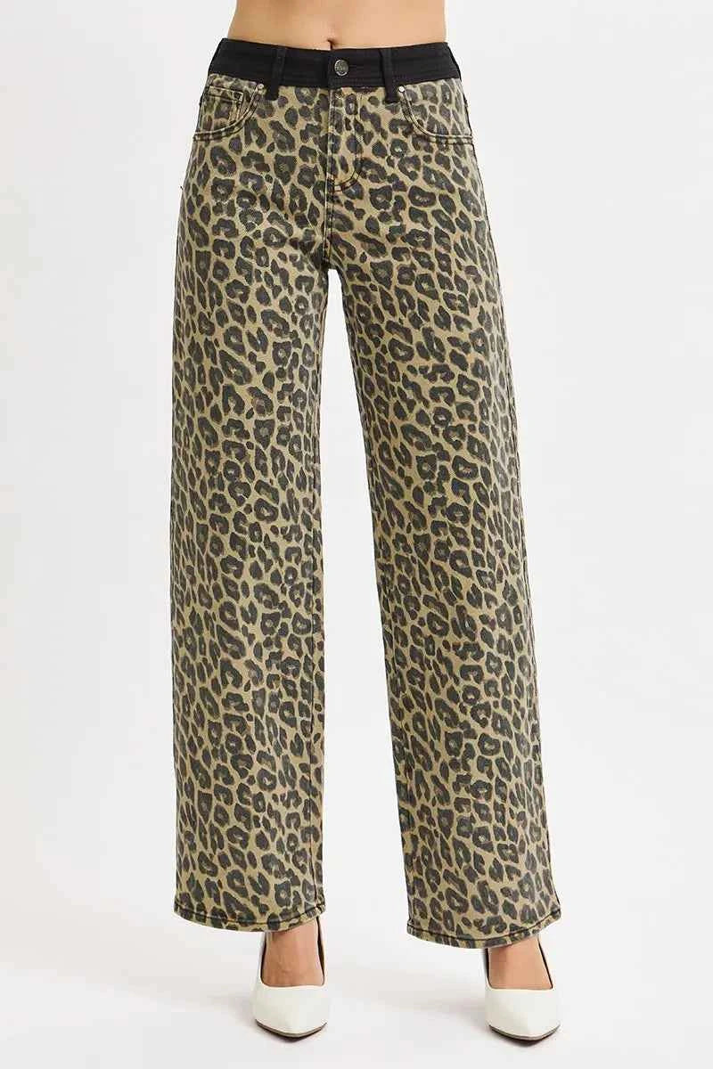 RISEN High Rise Wide Leg Leopard Printed Jeans with Contrast Waist Band Detail COFFEE c746ddc6b8cf49d28f44bb4b7c4fad4d-Max-Origin