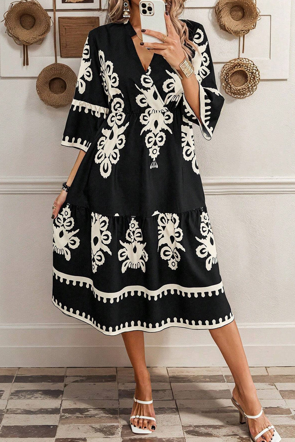 Black Ethnic Print 3/4 Sleeve Loose Midi Dress Black c74993f0ecc0302c