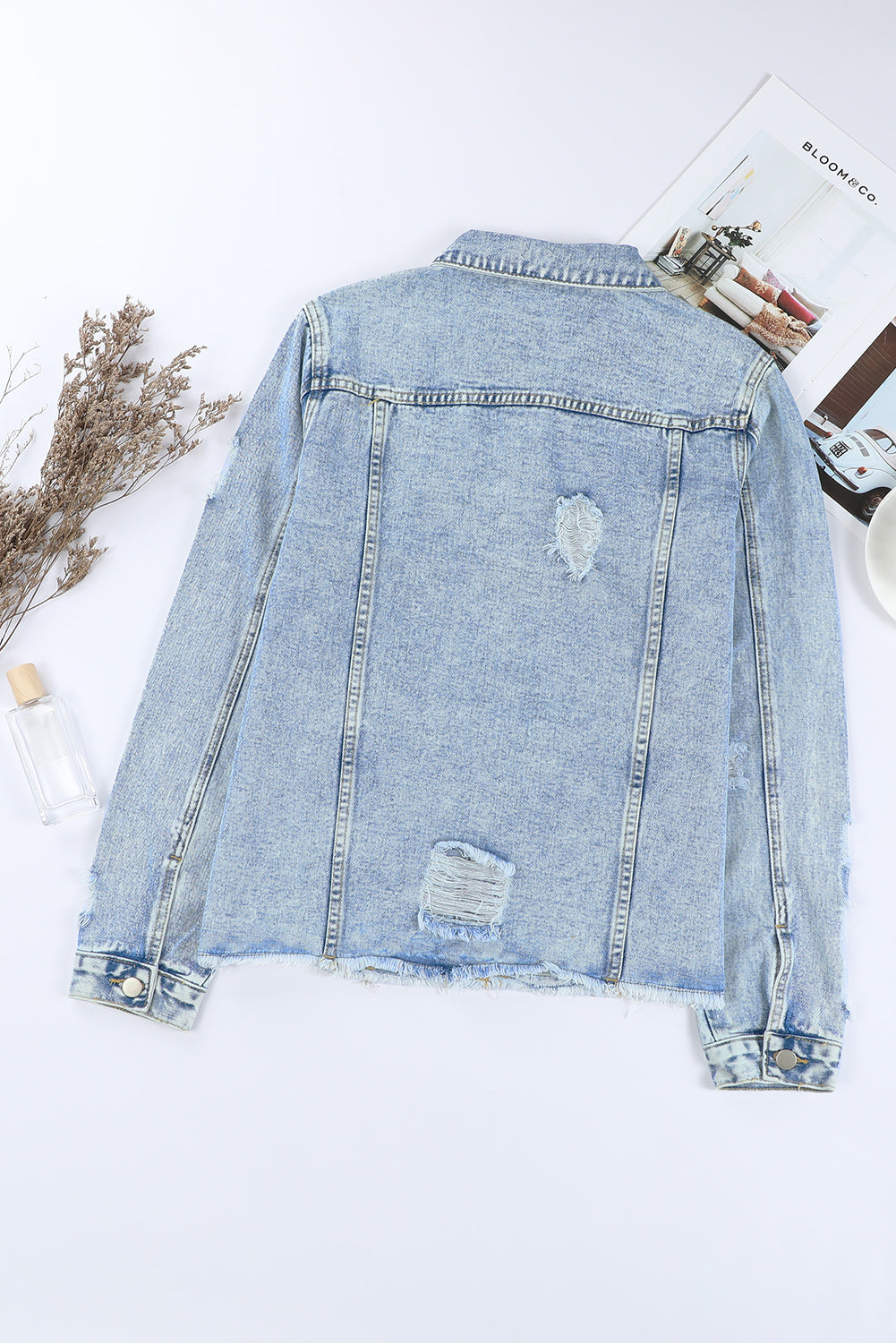 Light Blue Distressed Ripped Raw Hem Buttons Denim Jacket c7528419e2910a84