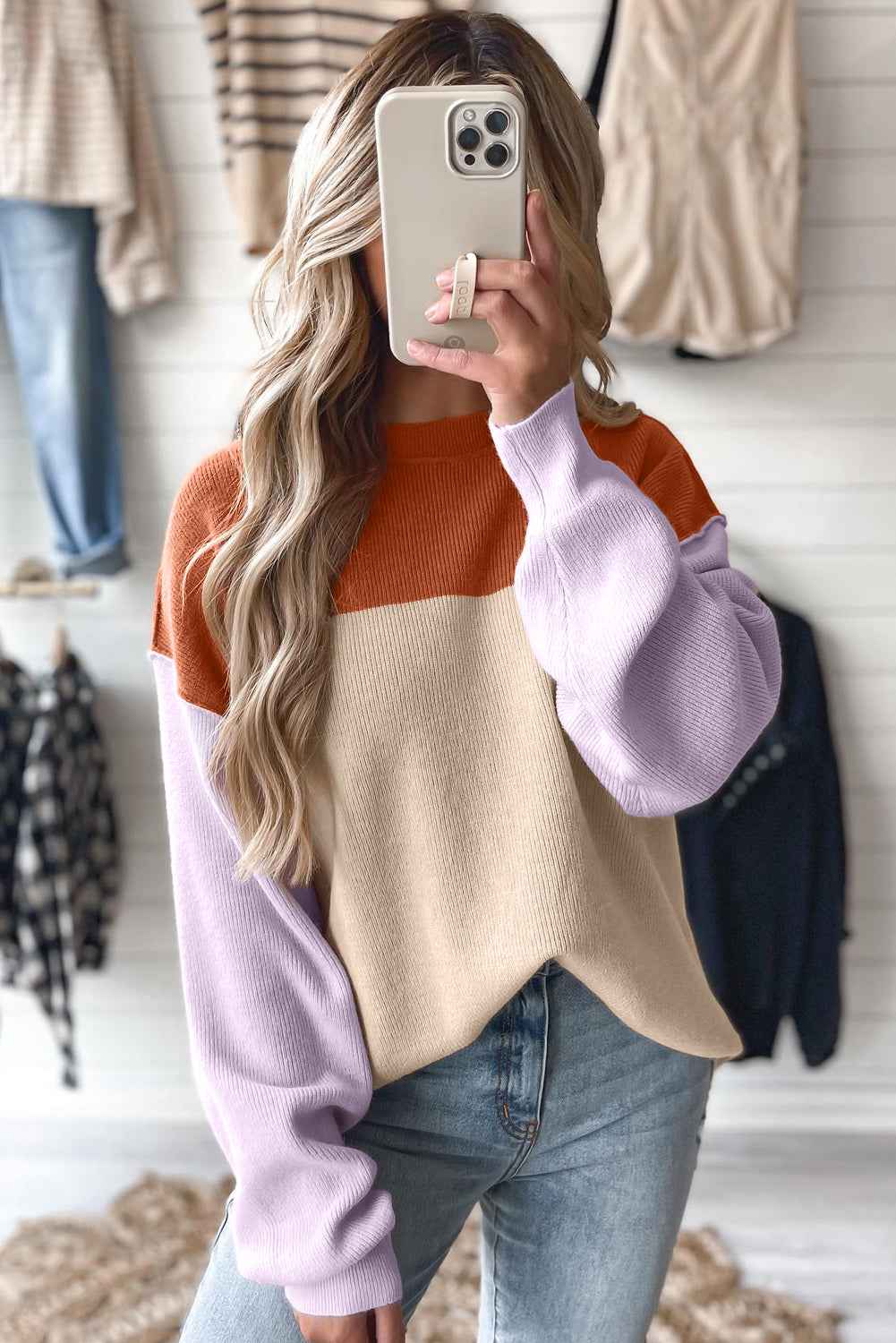Khaki Colorblock Ribbed Knit Baggy Sweater c754bd841d8af83c