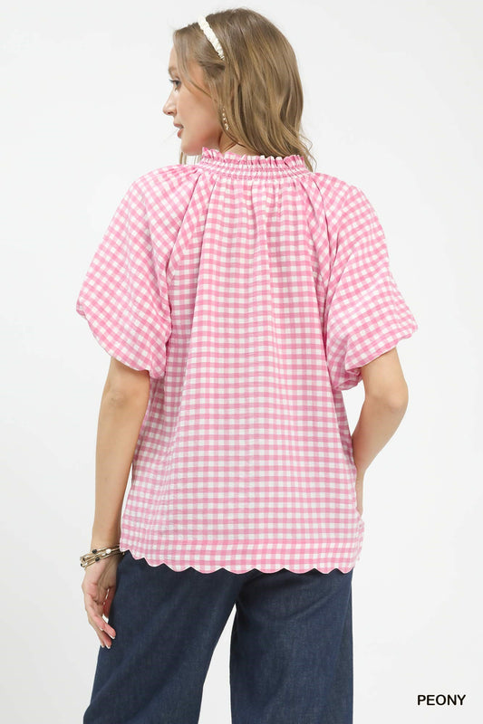 Gingham Bubble Sleeve Blouse with Scallop Hem c7587571-8b22-4e94-945a-34d85d0154a3-Max
