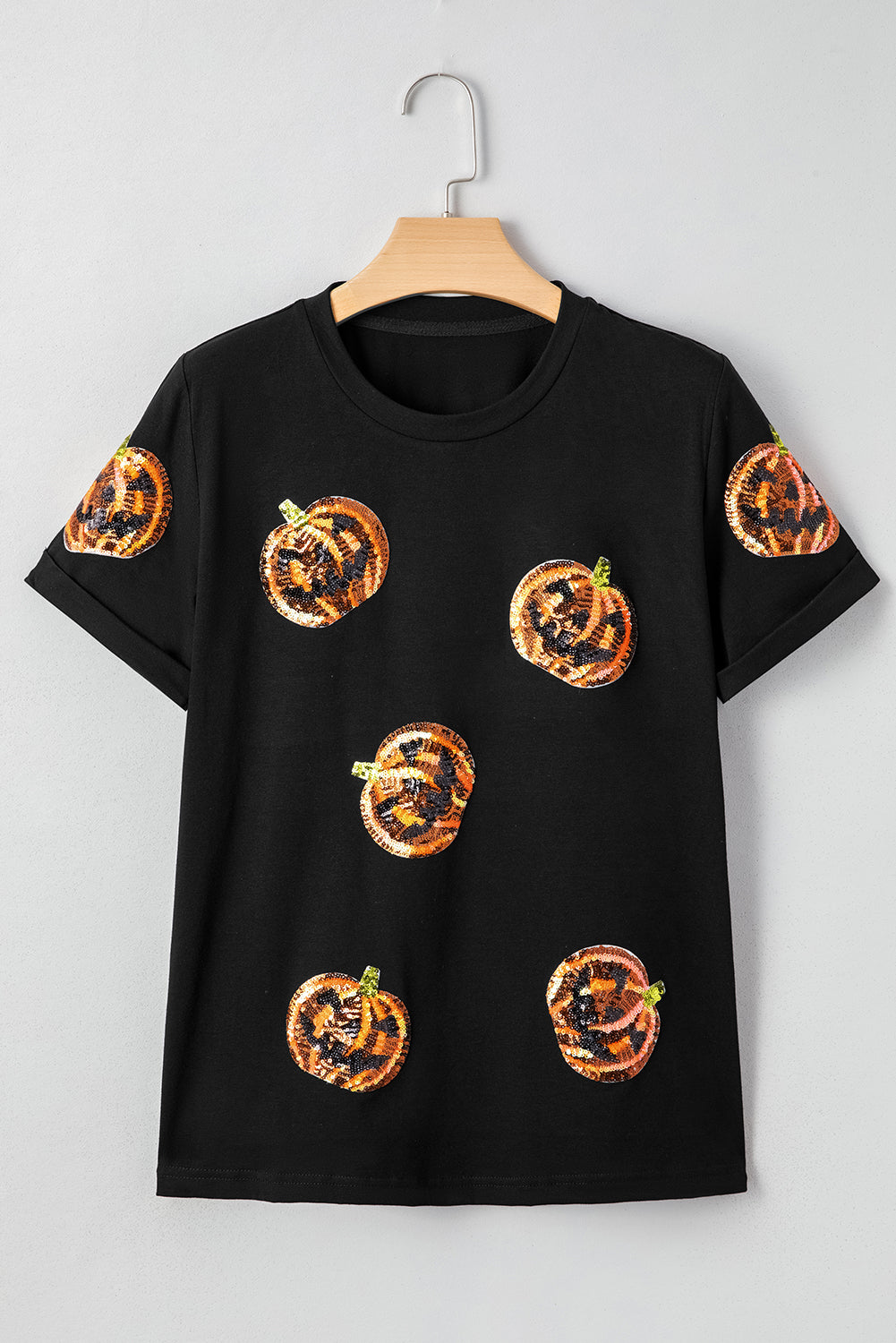 Black Halloween Sequin Pumpkin Face Graphic T Shirt c759f8fbc437e487