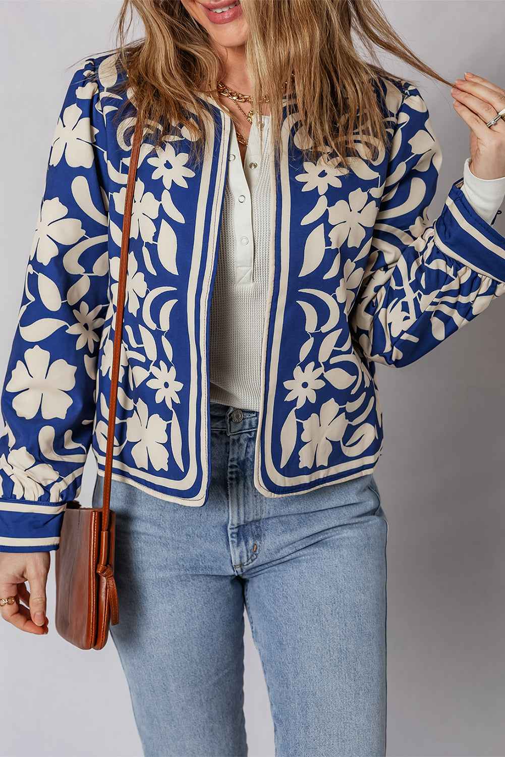 Blue Flower Print Open Front Buttoned Cuffs Jacket c75cb92782e7a160
