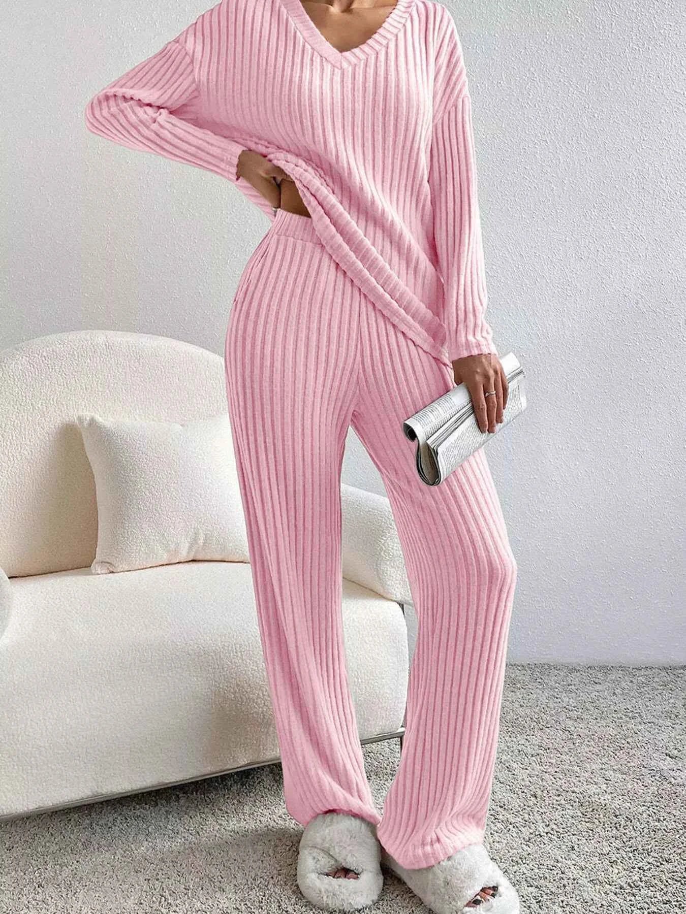 Ribbed V-Neck Top and Pants Set Pink c7625ccccc0c4197abccba26ca80d26c-Max-Origin