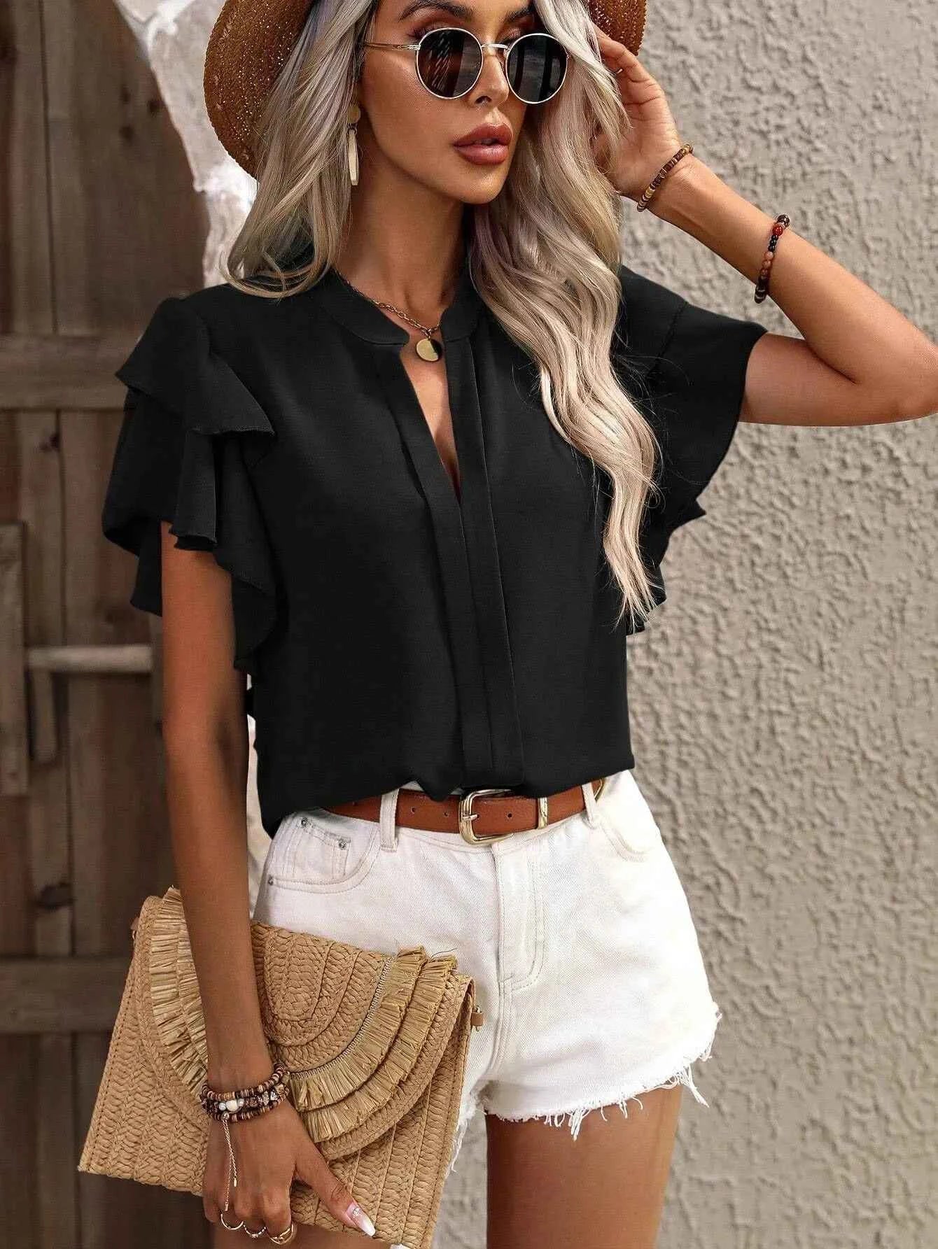 Ruffle Sleeve Notched Blouse c76524dd-961d-426d-b50c-df254cc6e26a-Max-Origin
