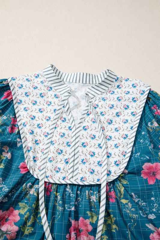 Floral Stripe Patchwork Long Puff Sleeve Blouse c766acac-3503-4a0c-b0e8-f3697064ae0a
