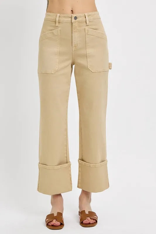 RISEN Full Size High Rise Wide Straight Cuffed Patch Jeans Plus Size Tan c767d956-6e50-48e9-8210-5ca829831c11-Max