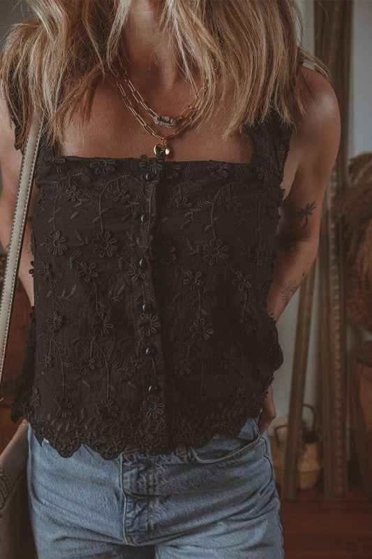 Floral Embroidered Buttoned Square Neck Tank Top c76cf125-6a18-46c8-b116-4c14de3bd47b