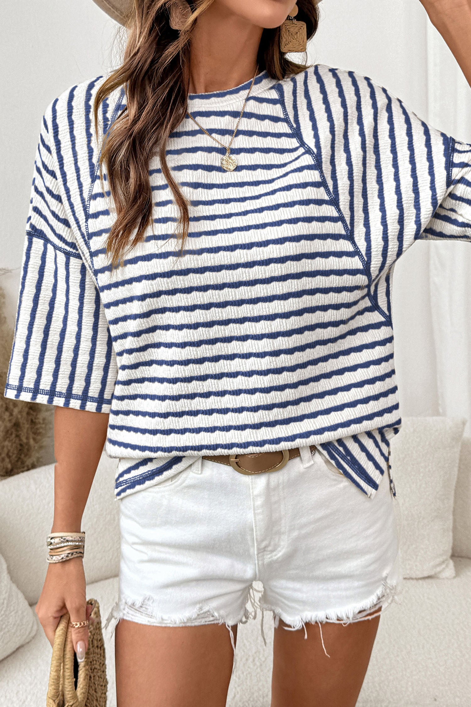 Sky Blue Stripe Textured Knit Split Hem Half Sleeve Loose Top c76d26acd1df3c93
