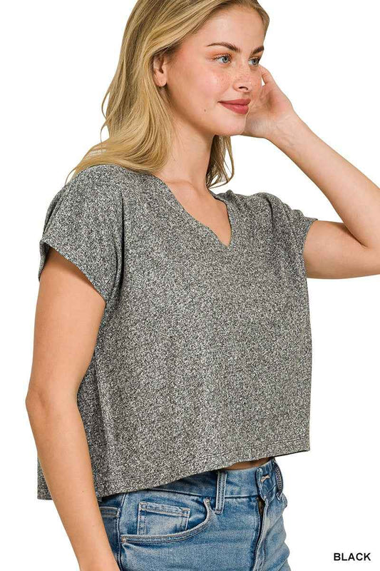 Zenana Soft Melange V-neck Drop Shoulder Cropped Top c76d71d681714329931482ced5b28e62-Max