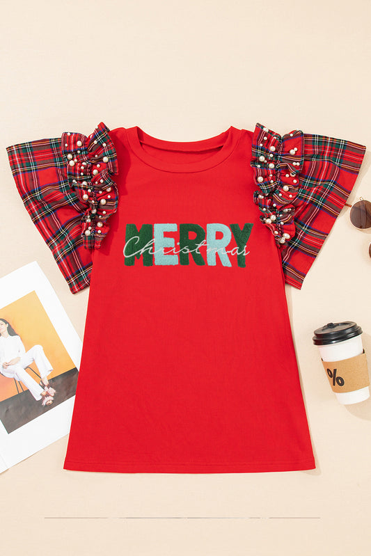 Racing Red MERRY Letter Terry Flocking Pearled Plaid Ruffled Sleeve Patchwork Tee c76db840b4848adb