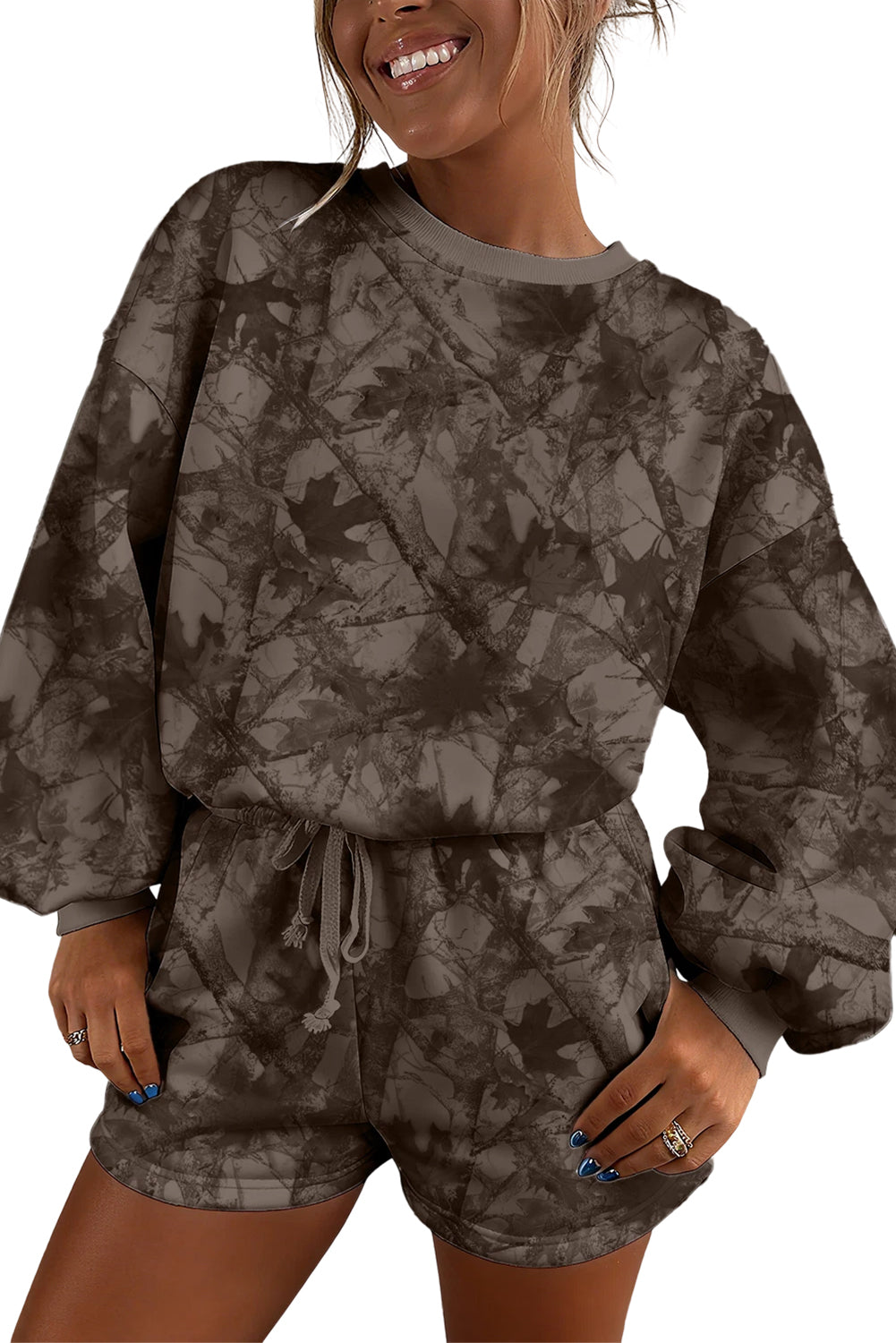 Brown Camouflage Print Round Neck Drop Sleeve Shorts Set c76ea9ebf8638250