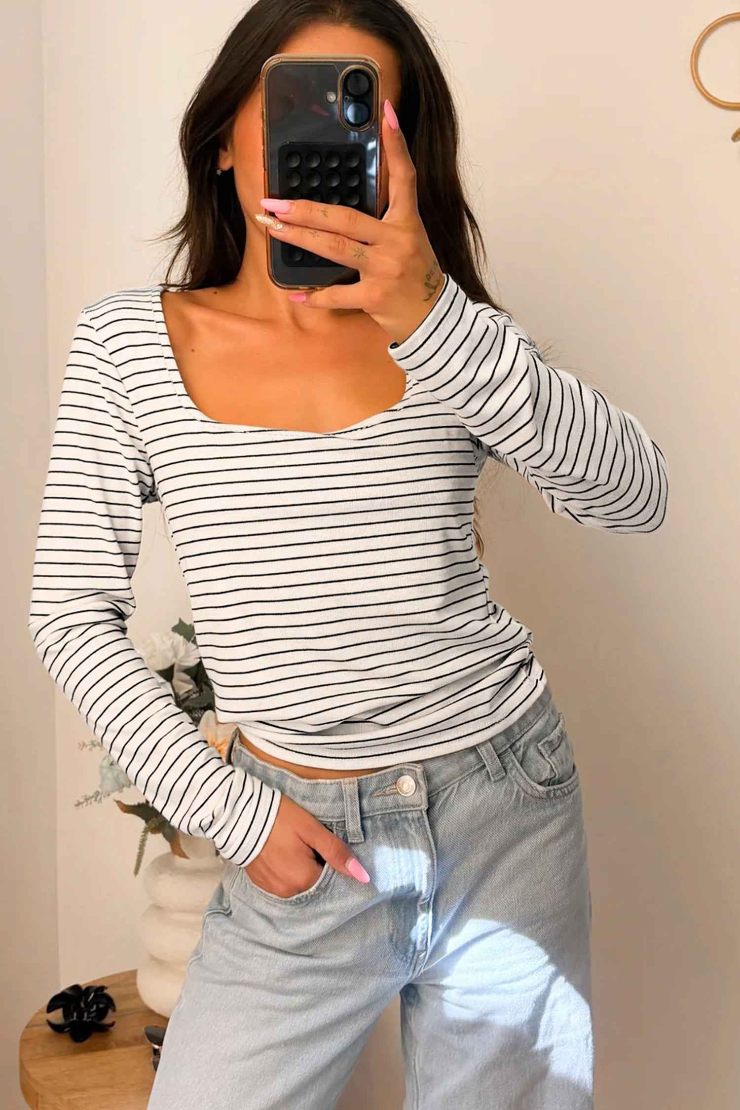 Brown Stripe Square Neck Long Sleeve Top c771e2c3d7496331