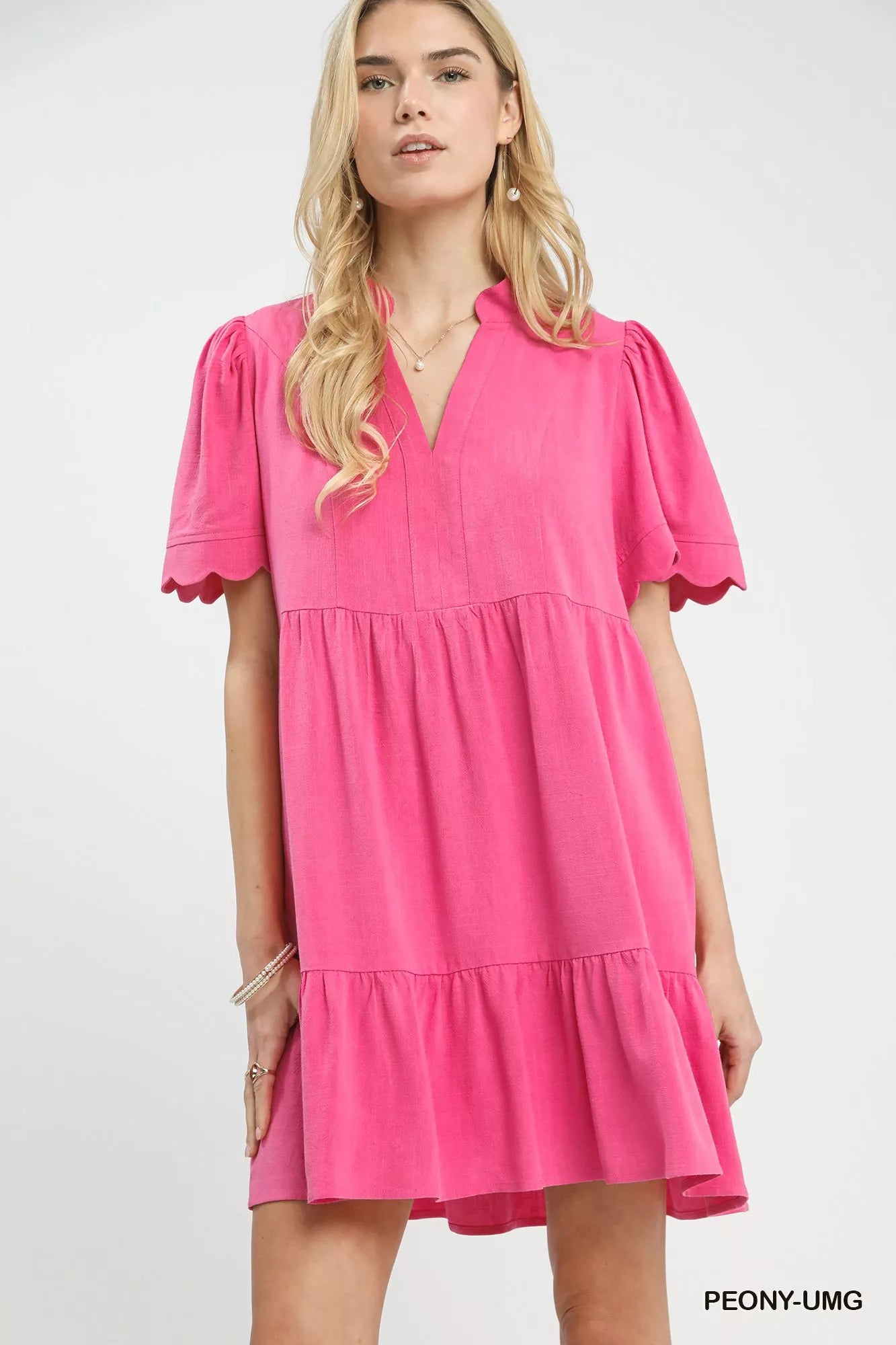 Umgee Linen Tiered Babydoll Dress with Scalloped Sleeves PEONY-UMG c77cd4b7-894f-472c-bc25-0dcbda5da28b-Max-Origin