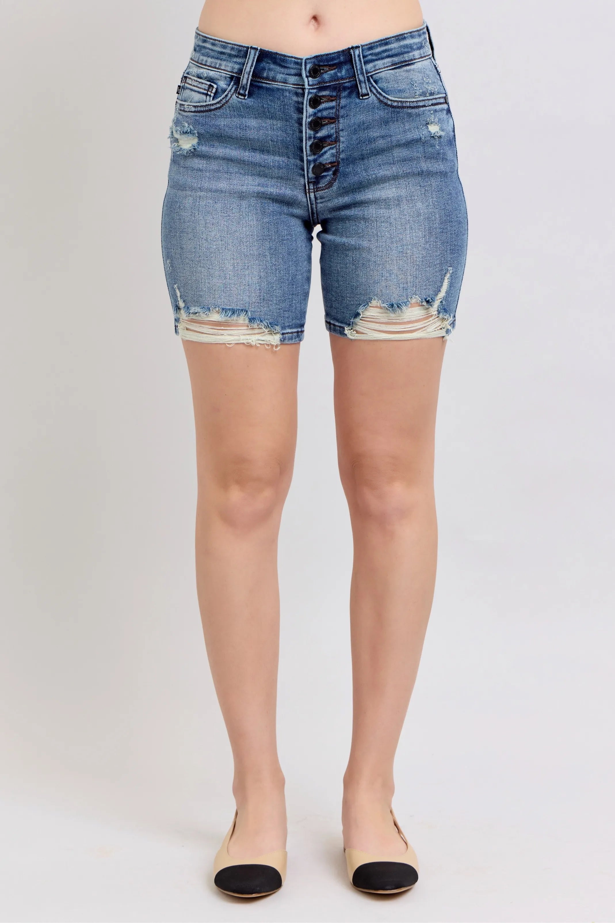 Judy Blue Button Fly Mid Length Denim Shorts W/ Destroy c77e46da48324255a3b159896a5fefe1-Max-Origin
