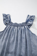 Ashleigh Blue Smocked Neck Frill Denim Sleeveless Top